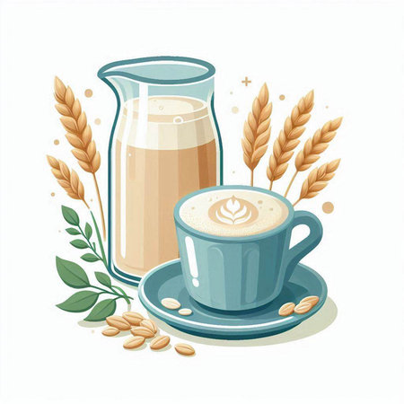 Coffee and milk in a cup with grains. Vector illustration.のイラスト素材