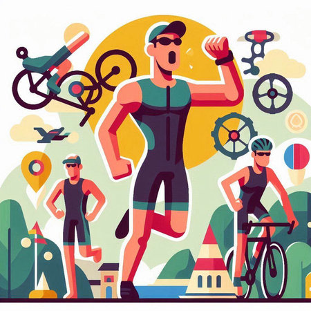 Cyclists flat vector illustration. Men and women characters running, cycling on road. Sport, competition, healthy lifestyle conceptのイラスト素材