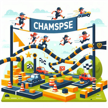 Car racing competition banner with cartoon characters in flat style. Vector illustration.のイラスト素材