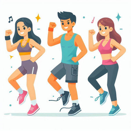 Group of young women and men running in sportswear. Flat cartoon vector illustration.のイラスト素材