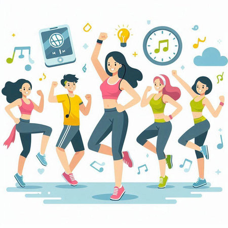 Sporty people running and listening to music. Flat vector illustration.のイラスト素材