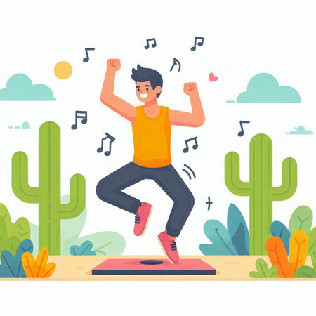 Happy man jumping on a music scale. Flat style vector illustration.のイラスト素材