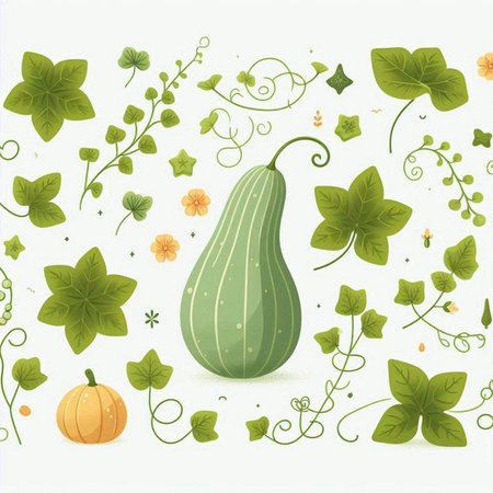 Cucumber with leaves and flowers on white background. Vector illustration.のイラスト素材