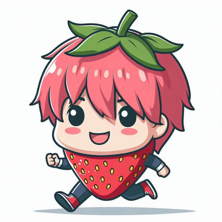 Cute cartoon girl running and holding a strawberry. Vector illustration.のイラスト素材