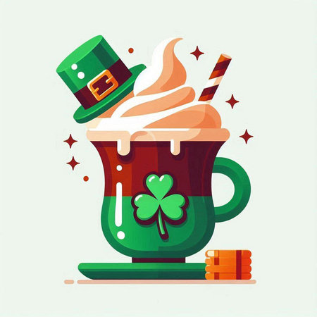 Cup of hot drink with whipped cream, leprechaun hat, gingerbread cookies and shamrock. St. Patrick's Day vector illustration.のイラスト素材