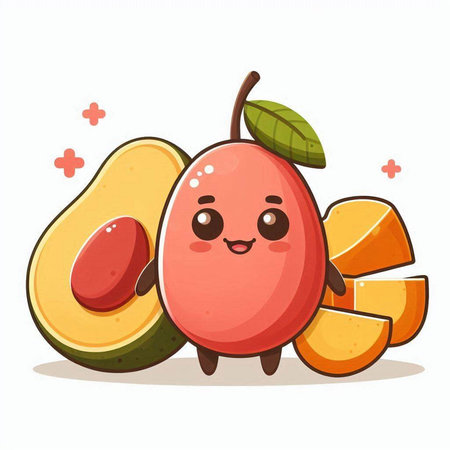 Cute kawaii mango character isolated on white background. Vector illustration.のイラスト素材