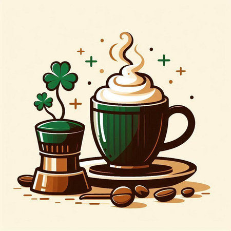 Coffee cup with four leaf clover. Vector illustration.のイラスト素材