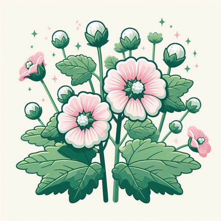 Illustration of a bunch of pink flowers with green leaves and starsのイラスト素材