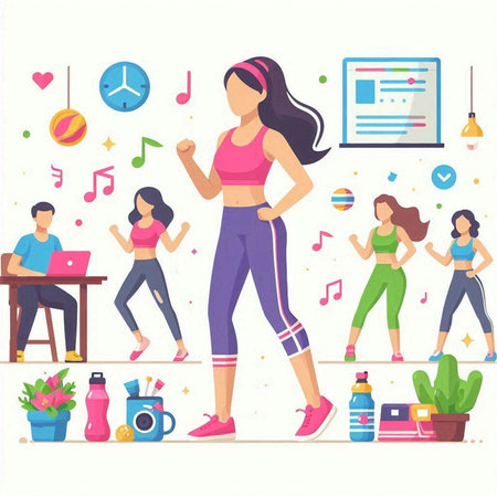 Fitness and healthy lifestyle. Vector illustration in flat cartoon style.のイラスト素材