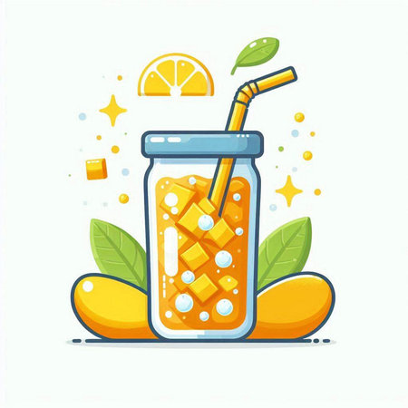 Mango smoothie in glass with straw and slice of lemon. Vector illustration.のイラスト素材
