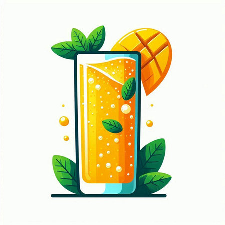 Glass of orange juice with ice cubes and mint leaves. Vector illustration.のイラスト素材