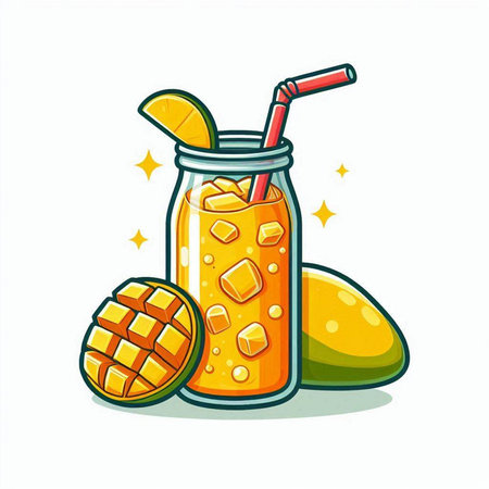 Mango smoothie in a glass jar with a straw. Vector illustrationのイラスト素材