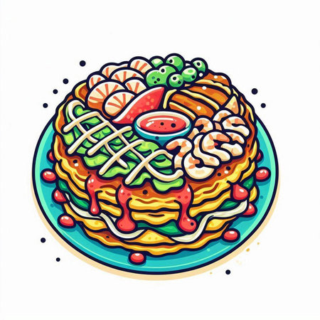 Pancakes with salmon and sauce. Hand drawn vector illustration.のイラスト素材