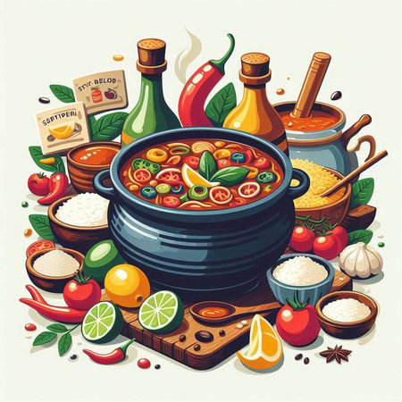 Vector illustration of a soup with vegetables and spices in a pot.のイラスト素材