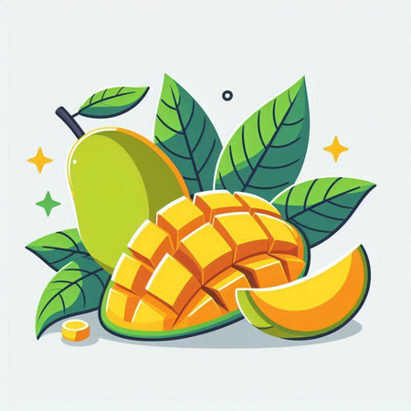 Mango fruit with leaves and slices. Vector illustration in flat style.のイラスト素材