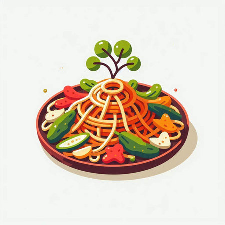 Spaghetti with tomato sauce and cucumber in a plate. Vector illustration.のイラスト素材