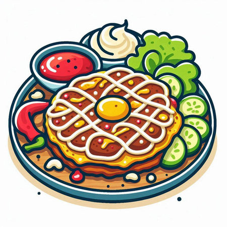 Illustration of a Steak with Sauce and Vegetables on a Plateのイラスト素材