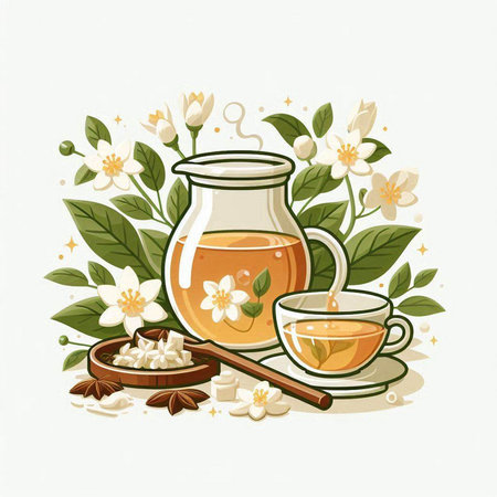 Herbal tea with jasmine flowers and leaves. Vector illustration.のイラスト素材