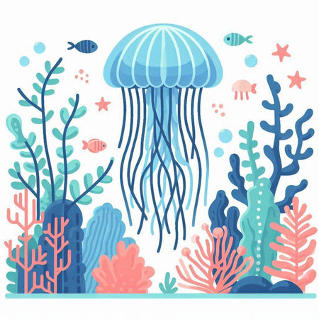 Underwater world with jellyfish and seaweed. Vector illustration.のイラスト素材