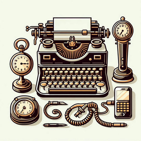 Vintage typewriter, clock, watch, pocket watch, pipe and telephone. Vector illustration.のイラスト素材