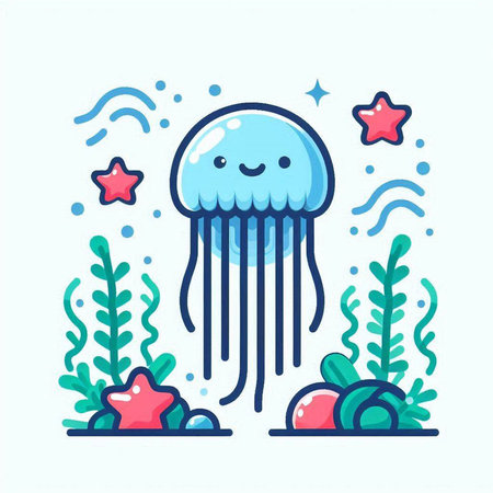 Cute cartoon jellyfish. Vector illustration in flat line style.のイラスト素材