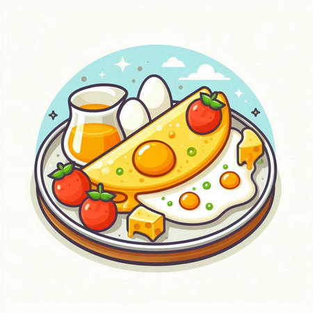 Breakfast vector illustration with omelette, eggs and tomato.のイラスト素材