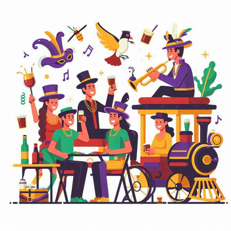 Amusement park flat vector illustration. Group of people in carnival costumes drinking beer and playing musical instruments.のイラスト素材