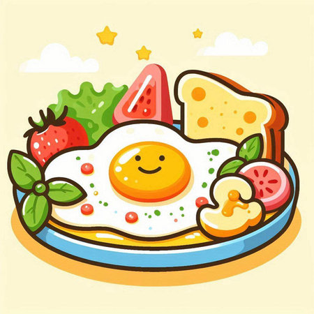 Breakfast with fried egg, toast, fruits and vegetables. Vector illustration.のイラスト素材