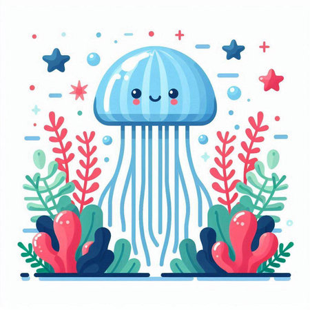 Cute cartoon jellyfish and seaweed. Vector illustration in flat styleのイラスト素材