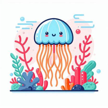 Cute cartoon jellyfish and seaweed. Vector illustration in a flat style.のイラスト素材