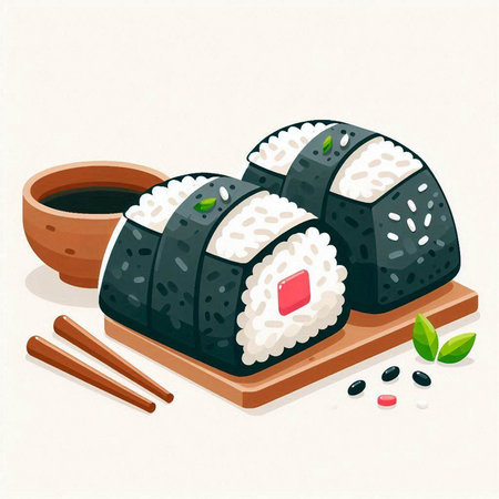 Vector illustration of japanese food. Sushi roll on wooden plate.のイラスト素材
