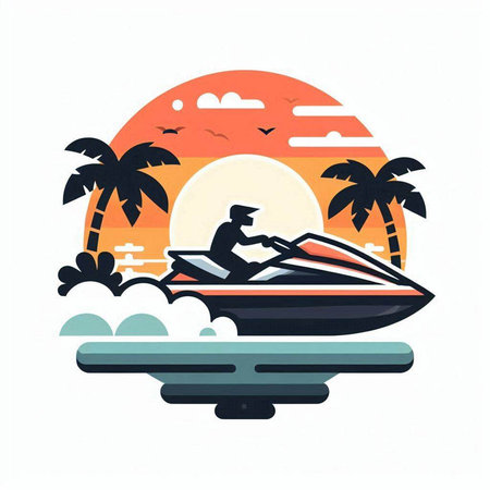 Vector illustration of a man riding a jet ski on the beach at sunset.のイラスト素材