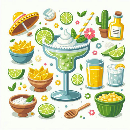 Cocktail with lime, ice cream and sombrero. Vector illustrationのイラスト素材