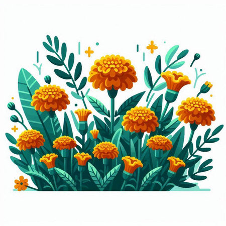 Marigold flowers and leaves. Vector illustration in flat style.のイラスト素材