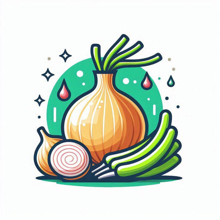 Vector illustration of onion, cucumber and water drop on white background.のイラスト素材