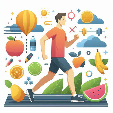 Healthy lifestyle concept with man jogging, fitness and sport icons. Vector illustration in flat styleのイラスト素材