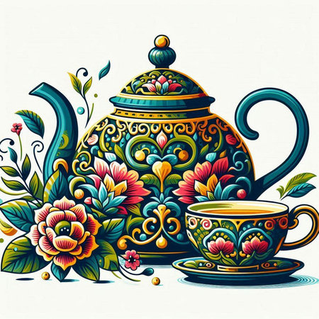 Beautiful vector illustration of a porcelain teapot and cup of teaのイラスト素材