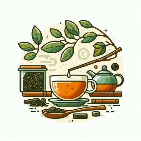 Cup of tea, teapot and green leaves. Vector illustration.のイラスト素材