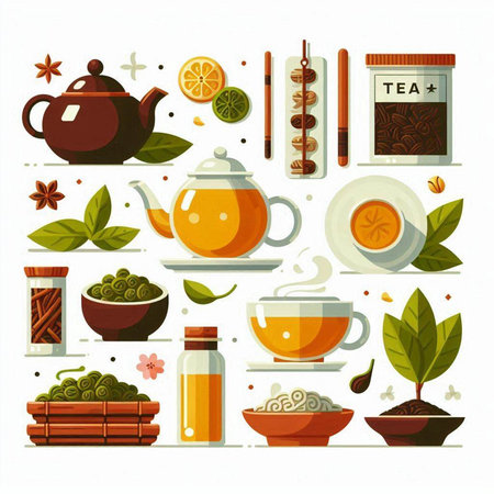 Tea set. Teapot, cup, teacup, saucer, leaves, cinnamon, ginger, star anise. Vector illustrationのイラスト素材