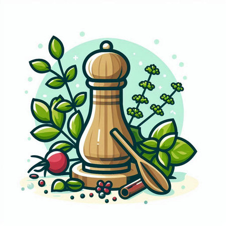 Wooden pepper mill with herbs and spices. Vector illustration in cartoon style.のイラスト素材