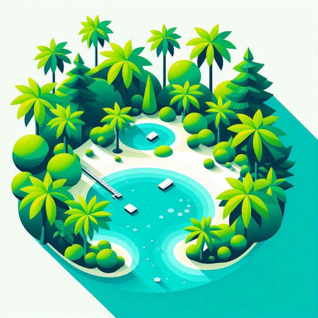 isometric island with palm trees and swimming pool. Vector illustration.のイラスト素材