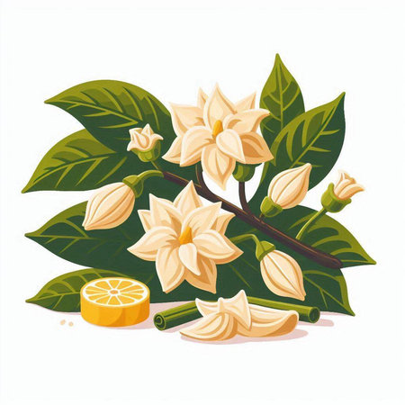 Coffee tree branch with flowers and leaves. Vector illustration.のイラスト素材
