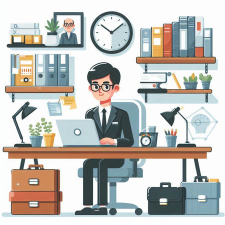 Businessman working in office. Vector illustration in flat cartoon style.のイラスト素材