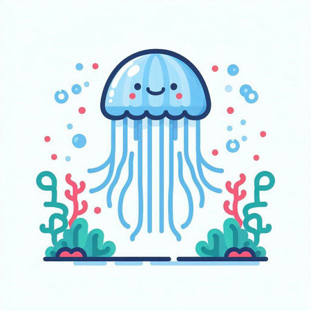 Cute cartoon jellyfish in the sea. Vector flat illustration.のイラスト素材