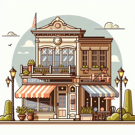 Vector illustration of a cafe in the city. Street cafe in vintage style.のイラスト素材