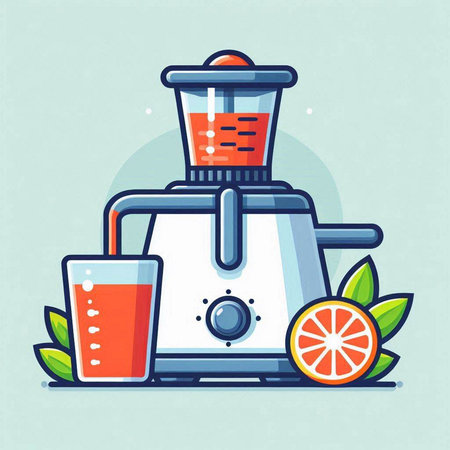 Vector illustration of a juicer and a glass of juice. Flat style.のイラスト素材
