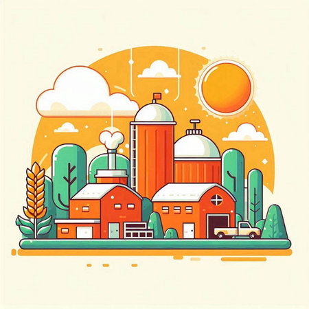 Modern flat design vector illustration concept of rural landscape with farm buildings and houses.のイラスト素材