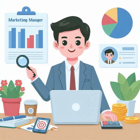 Businessman working at office with laptop. Vector illustration in cartoon style.のイラスト素材
