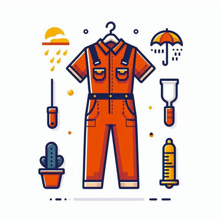 Plumber uniform with tools and equipment. Vector illustration in linear styleのイラスト素材