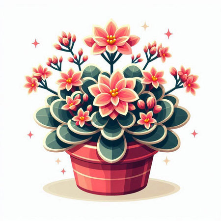 Illustration of a cactus in a pot with flowers and starsのイラスト素材